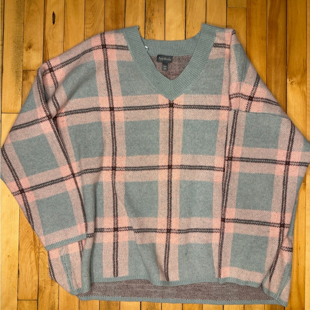 AnyBody Pink and Gray Plaid V-Neck Sweater